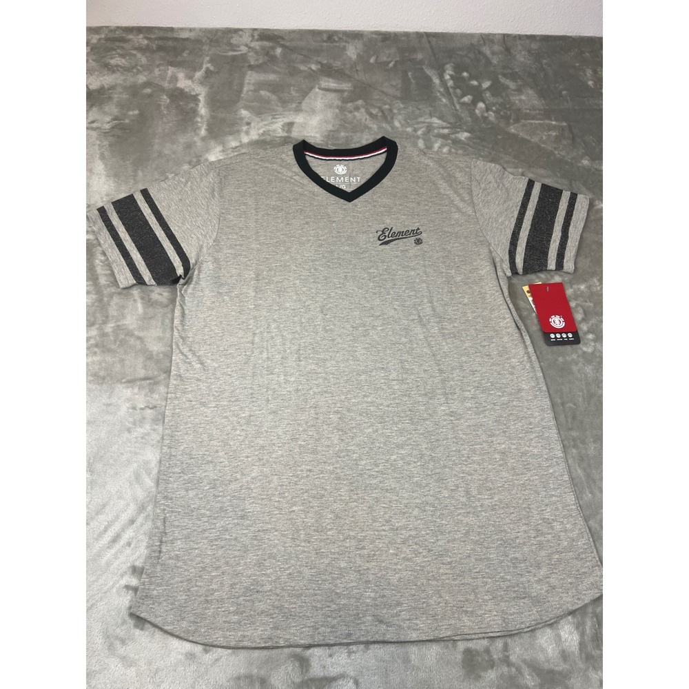 Element Mens V-Neck T-Shirt Gray Heather Script Logo Stripe Sleeve Size L- NWT